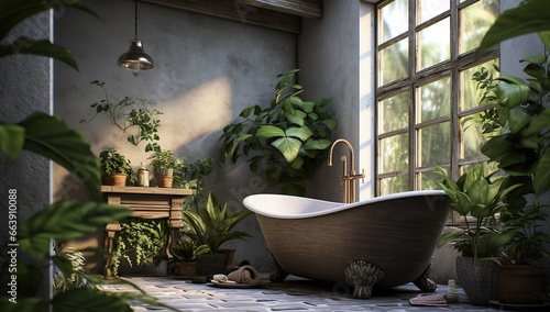 Interior of a bathroom with plants and a bathtub under a window. Ecolodge house interior.