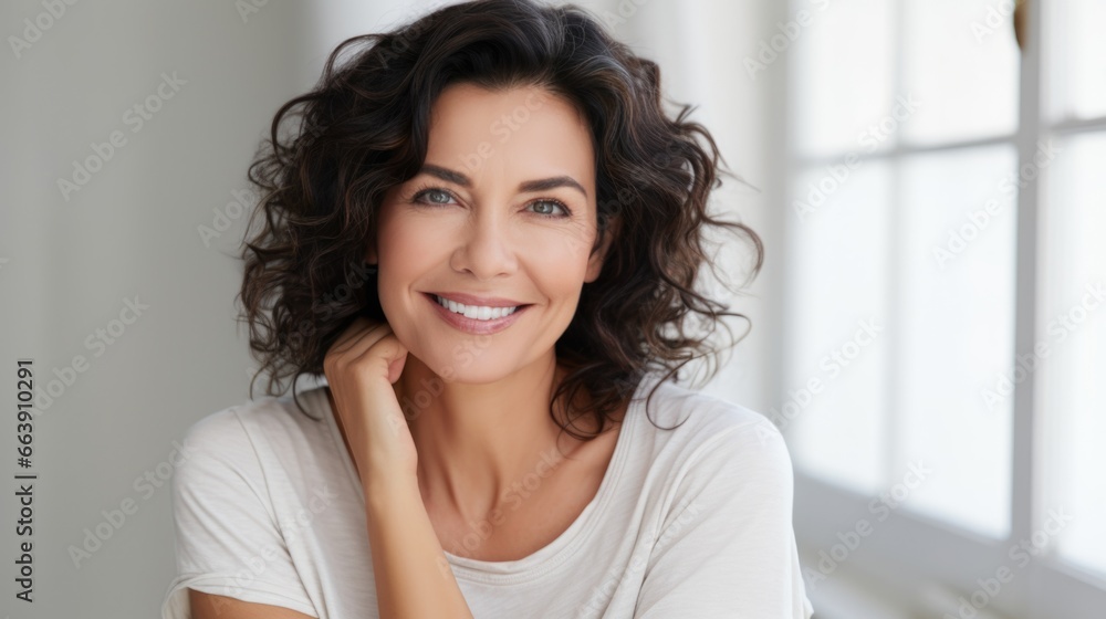 Close-up photo of a beautiful 50 year old woman with natural makeup on a light background. Concept of health, cosmetology, face and skin care