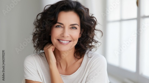 Close-up photo of a beautiful 50 year old woman with natural makeup on a light background. Concept of health, cosmetology, face and skin care