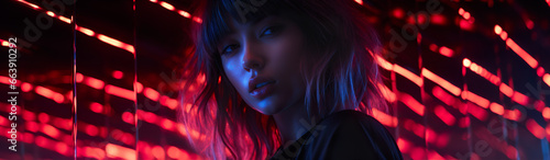 Young Girl In Neon Lighting. Illustration On The Topic Of Cinema And Serials. Generative AI