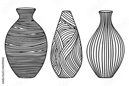 Set of ancient vase hand drawn ink sketch. Engraved style vector illustration