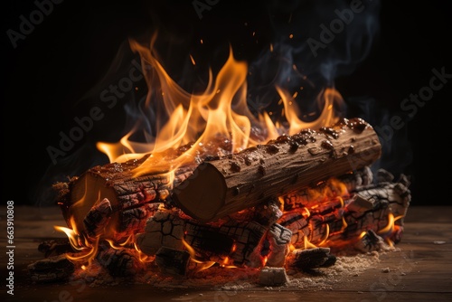 Burning firewood on a dark background. Close-up. Yule Log: A Cozy Winter Tradition photo