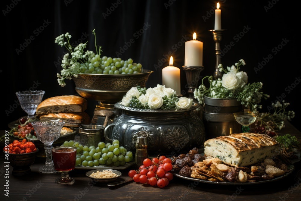 Wine, cheese and grapes on the table. Dark background. Julebord: A Festive Norwegian Feast