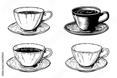 Set of vintage cups or mugs on a plate hand drawn ink sketch. Engraved style vector illustration