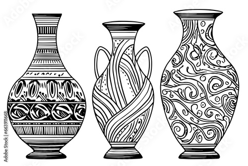Set of ancient vase hand drawn ink sketch. Engraved style vector illustration
