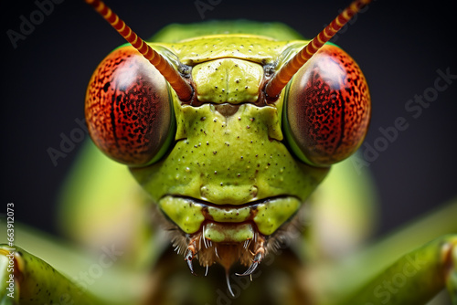 Close-up shot of green grasshopper, praying mantis, insect. © Gun