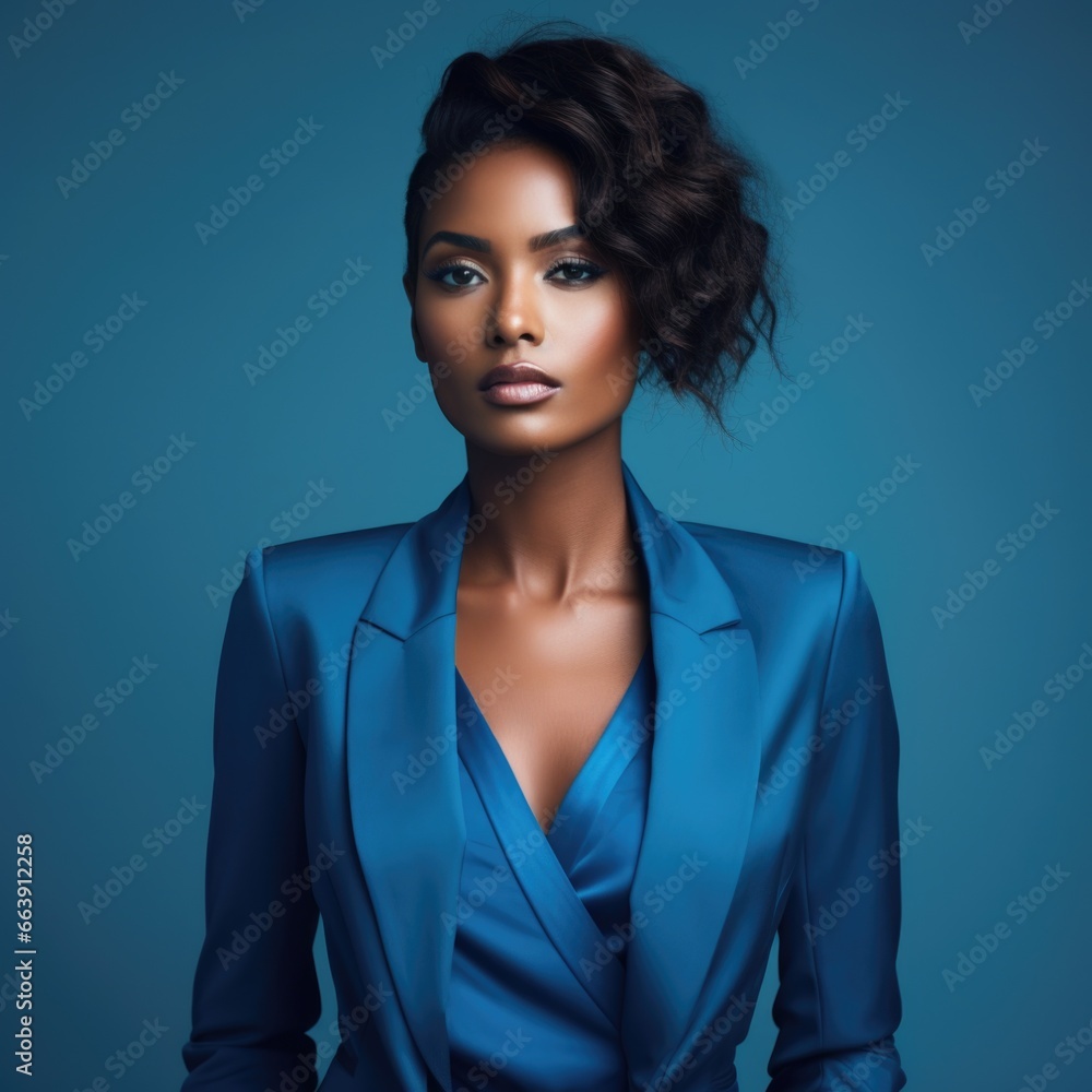 Studio portrait of a beautiful stylish African American woman in a blue suit on a blue background. Style, fashion and beauty concept Studio portrait of a beautiful stylish African American woman in a blue suit on a blue background. Style, fashion and beauty concept