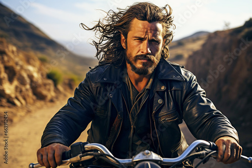 portrait of a stylish brutal male motorcyclist biker riding a motorcycle