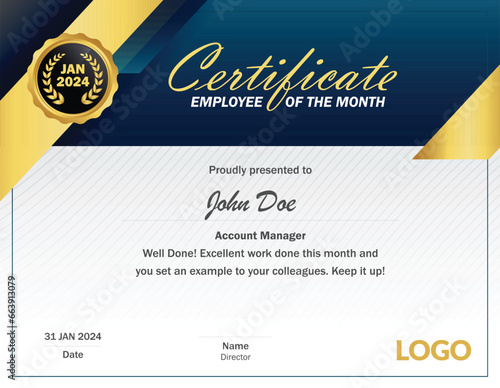 Clean elegant blue and gold certificate template vector, premium luxurious certificate 