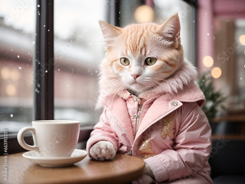 Adorable Cat in a Pink Jacket at a Café AI generated