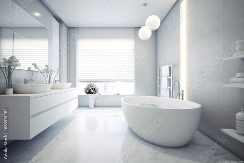 Luxury white modern bathroom with window in stylish design.