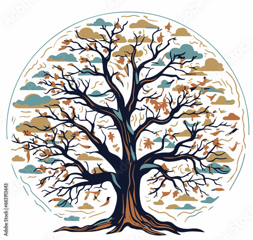 Elegant, circular illustration of a sprawling tree with intertwined branches and colorful autumn leaves, framed against a whimsical backdrop of clouds and muted tones.