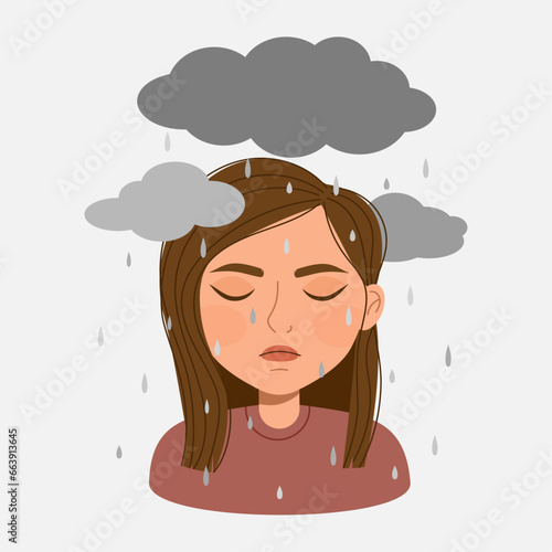 Sad young woman has clouded mind. Depression and mental illness. Cartoon vector illustration