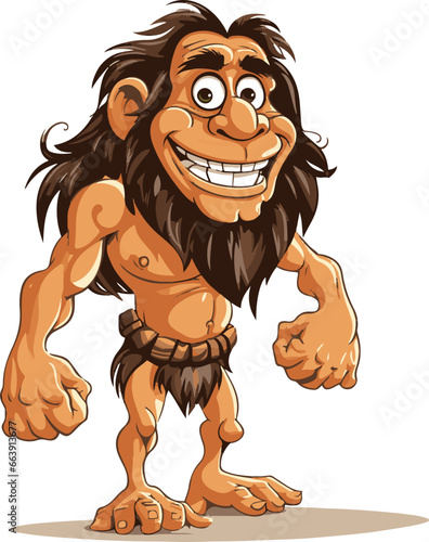 Whimsical illustration of a bearded caveman with a gleaming smile and animated expression, with a cheerful vibe with his exaggerated facial features.