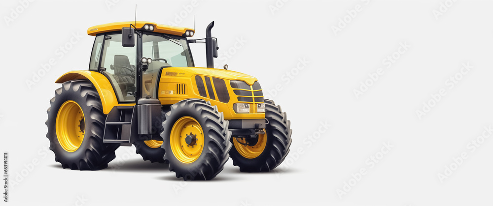 Big yellow agricultural tractor on white background, panoramic layout. Generative Ai