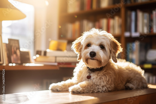 Cute dog in book shop waiting for his owner. Pets animals friendly concept