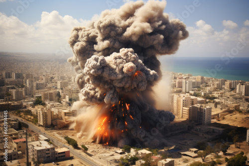 Obraz na plátně Airstrike on the city, burning houses.
