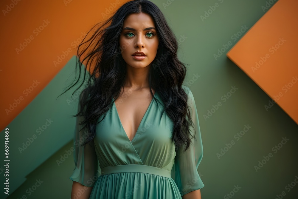 Attractive woman in light green dress with a blue eyes and long cutly black hair on solid orange and green background. Generative Ai. Attractive woman in light green dress with a blue eyes and long cutly black hair on solid orange and green background. Generative Ai.