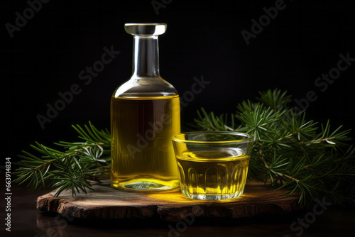 Glass bottle with spruce oil and fir branches standing on wooden board on black background. Natural organic extract aroma therapy