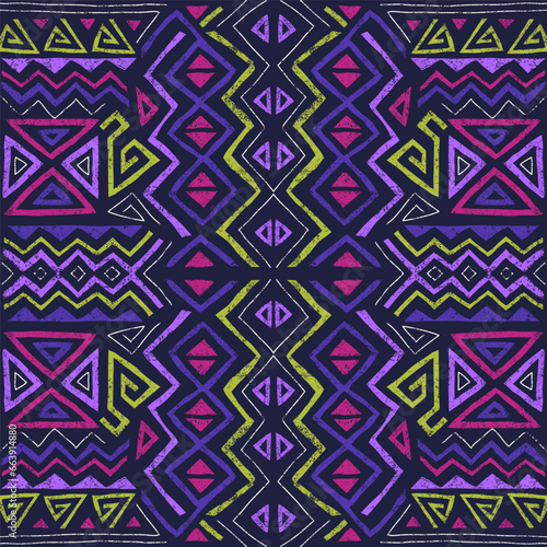 African ethnic seamless pattern in tribal style. Trendy abstract geometric background with grunge texture. Unique design elements for textile  banner  cover  wallpaper  wrapping 