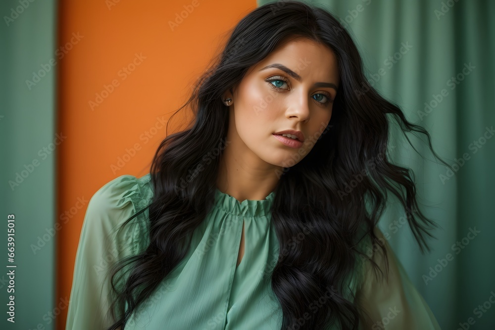 Attractive woman in light green dress with a blue eyes and long cutly black hair on solid orange and green background. Generative Ai. Attractive woman in light green dress with a blue eyes and long cutly black hair on solid orange and green background. Generative Ai.