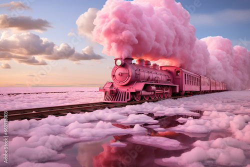 Surreal pink train on the tracks with pink smoke and clouds in the background