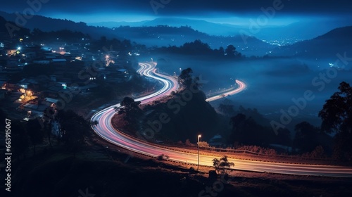 Time-lapse of a road in the night with motion blur lights  view from a bird s-eye. Created with Generative Ai technology.