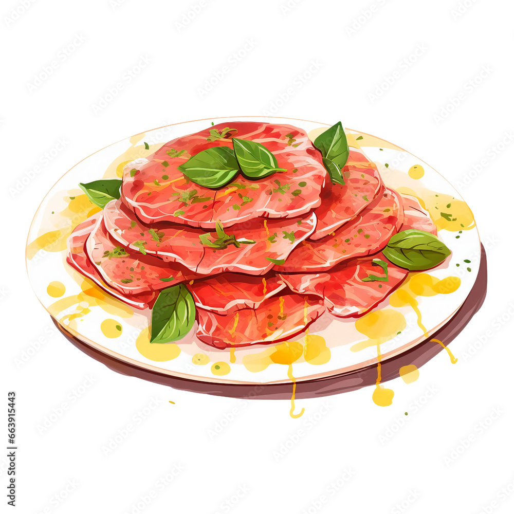 Beef Carpaccio Watercolor Art on Transparent Background - Gourmet Culinary Illustration