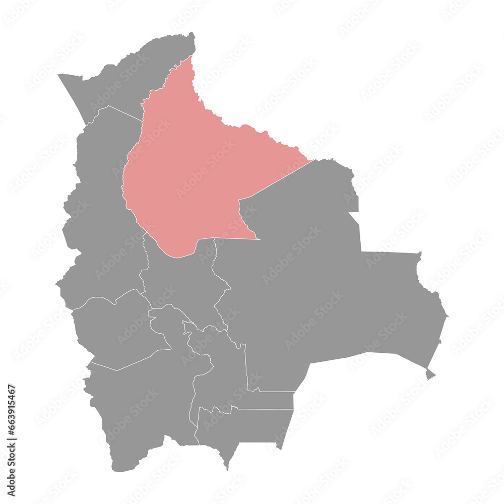 Beni Department map, administrative division of Bolivia.