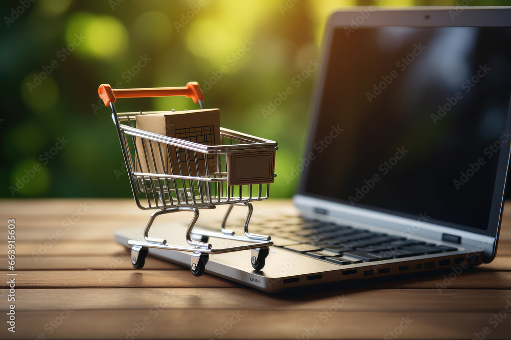 Shopping with this modern concept, featuring a laptop and a miniature shopping cart. Ideal for illustrating e-commerce, digital retail, and technology concepts.
