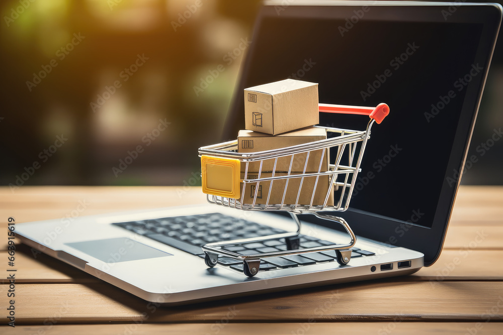 Illustration of a laptop and shopping cart, symbolizing the convenience of internet shopping. Perfect for web, digital marketing, and online retail designs.