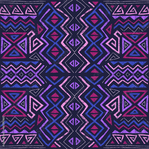 African ethnic seamless pattern in tribal style. Trendy abstract geometric background with grunge texture. Unique design elements for textile, banner, cover, wallpaper, wrapping 