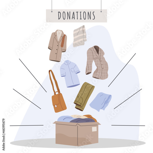 Clothes donation. Vector illustration. Helping poor through clothes donations is selfless act Clothes donations provide relief and support to disadvantaged individuals The clothes donation concept
