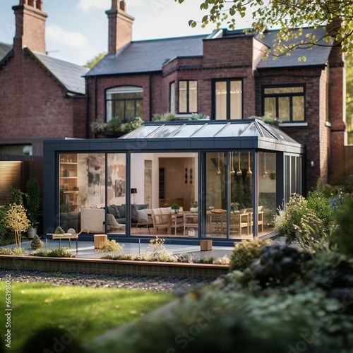 British home detached cottage with modern and traditional elements, country gardens