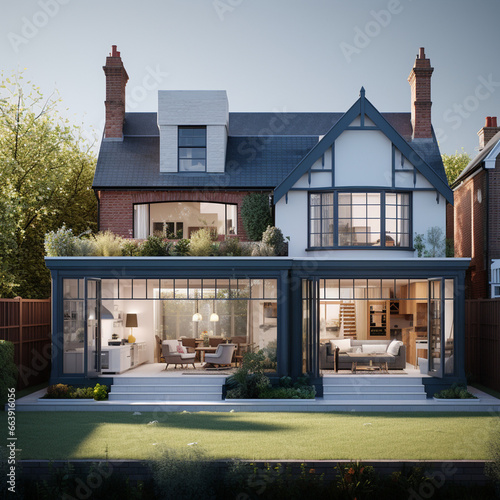 British home detached cottage with modern and traditional elements, country gardens