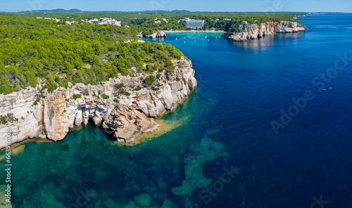 Aerial view of Bay Cala Galdana at south coast of Menorca (Balearic Islands)
