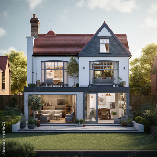 British home detached cottage with modern and traditional elements, country gardens