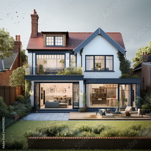 British home detached cottage with modern and traditional elements, country gardens