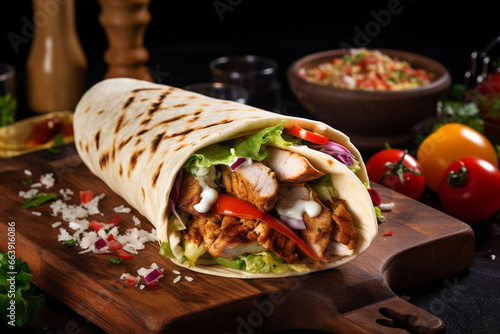 Delicious shawarma on dark background. Grilled pita wrapping chicken meat and fresh vegetables with sauce