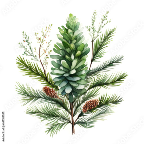Holiday magic with gentle watercolor pine spruce branch and pinecone on white backdrop. Winter festive celebration