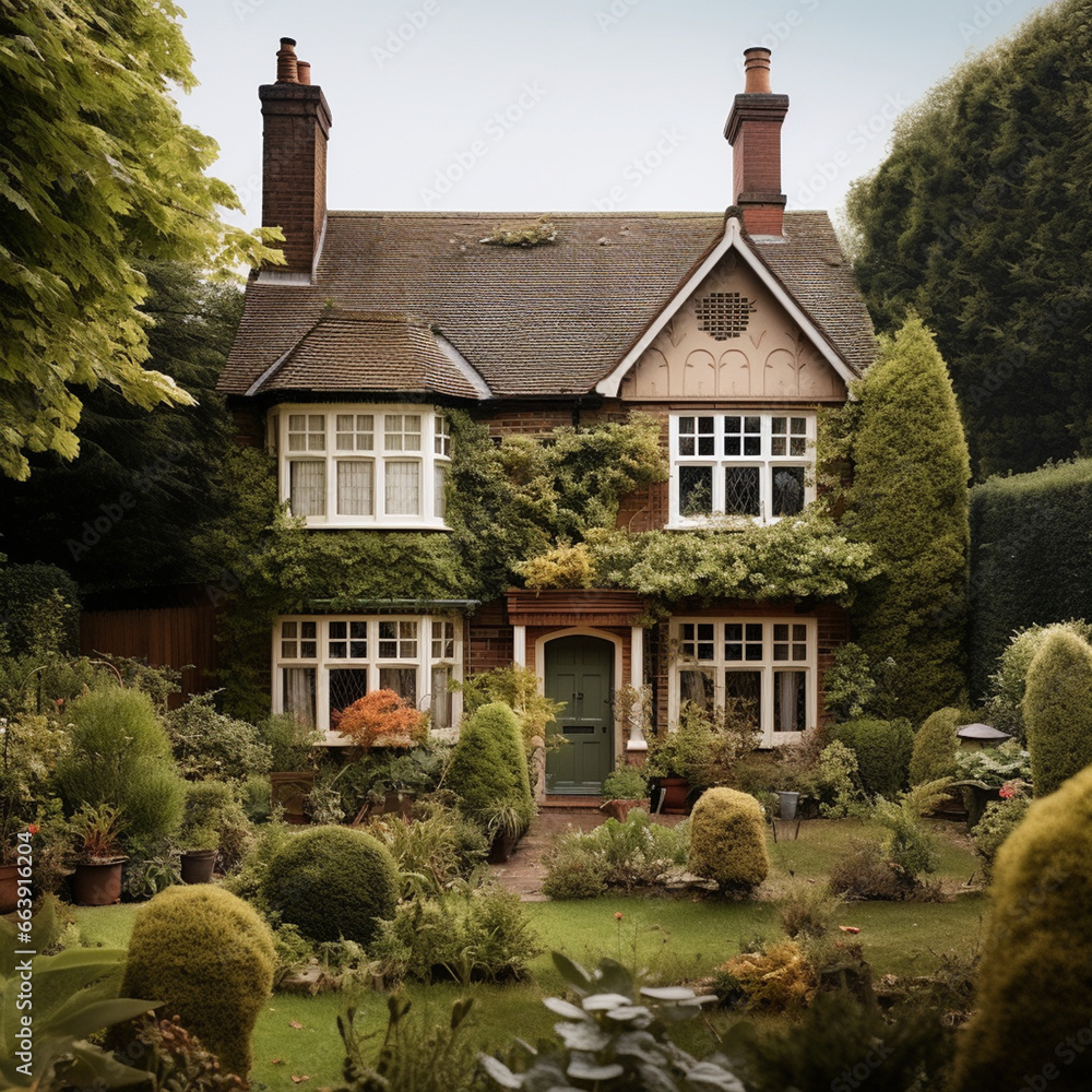 British home detached cottage with modern and traditional elements, country gardens