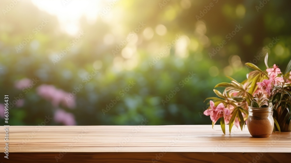 Empty Wooden surface for presentation with blurred garden and flowers background, mockup, Space for presentation product. for product display montages, punk tones Empty Wooden surface for presentation with blurred garden and flowers background, mockup, Space for presentation product. for product display montages, punk tones
