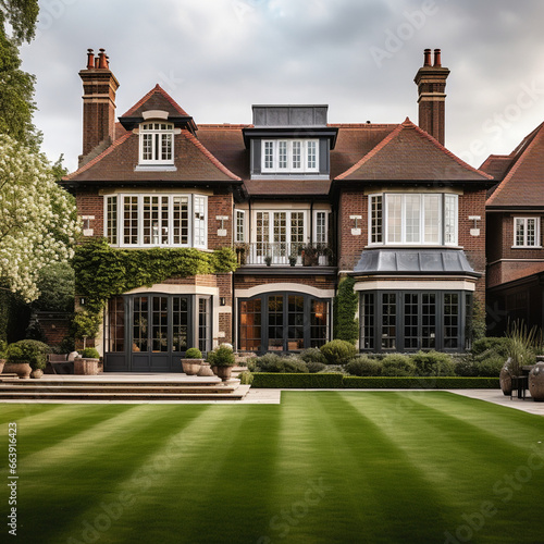 British home detached cottage with modern and traditional elements, country gardens