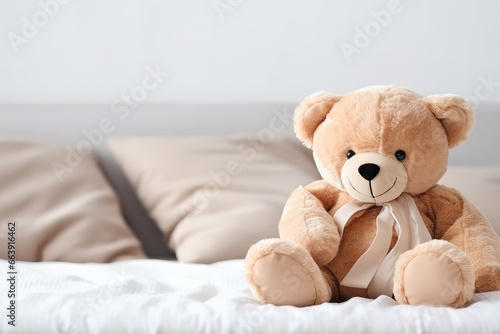 A cute bear doll with a ribbon, perfectly suited for cozy bedroom decor. This daytime photograph captures the essence of a child's room, offering space for text to personalize your message.