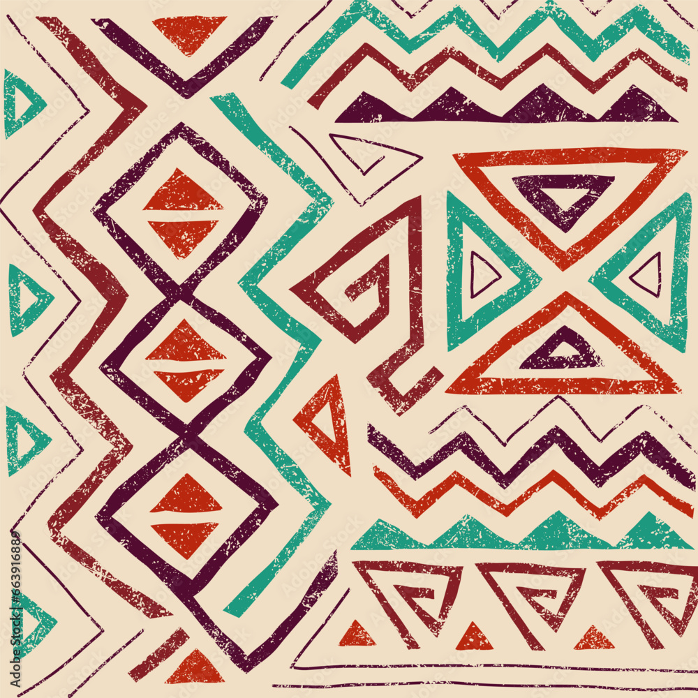 African ethnic seamless pattern in tribal style. Trendy abstract geometric background with grunge texture. Unique design elements for textile, banner, cover, wallpaper, wrapping