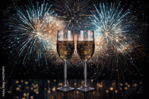 Nighttime celebration with sparkling fireworks and the clinking of wine glasses. Join the festive atmosphere with this dazzling, joy-filled moment.