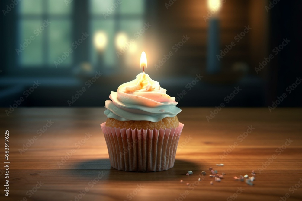 3D-rendered cupcake with lit candle. Generative AI
