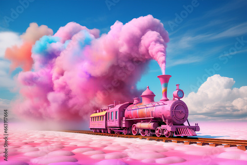 pink train traveling on a rainbow salt plain, in the style of fantastical otherworldly visions