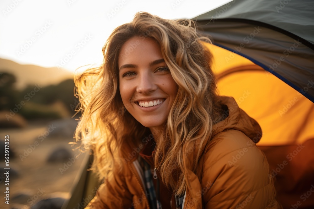 Portrait of girl looking at camera while near camping tent at sunset Portrait of girl looking at camera while near camping tent at sunset