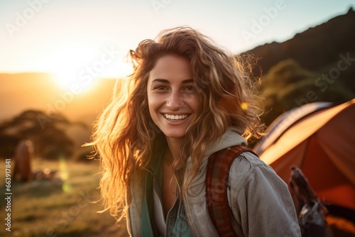 Portrait of girl looking at camera while near camping tent at sunset